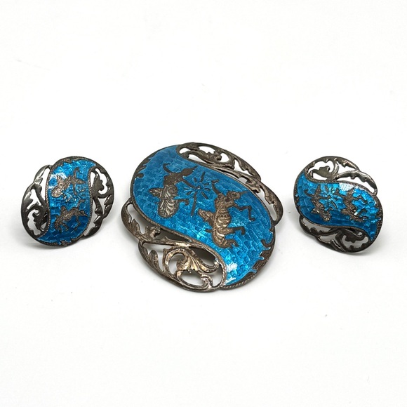 Jewelry - Vintage Siam Silver and Blue Enamel Brooch Earring Set Thai God and Goddess